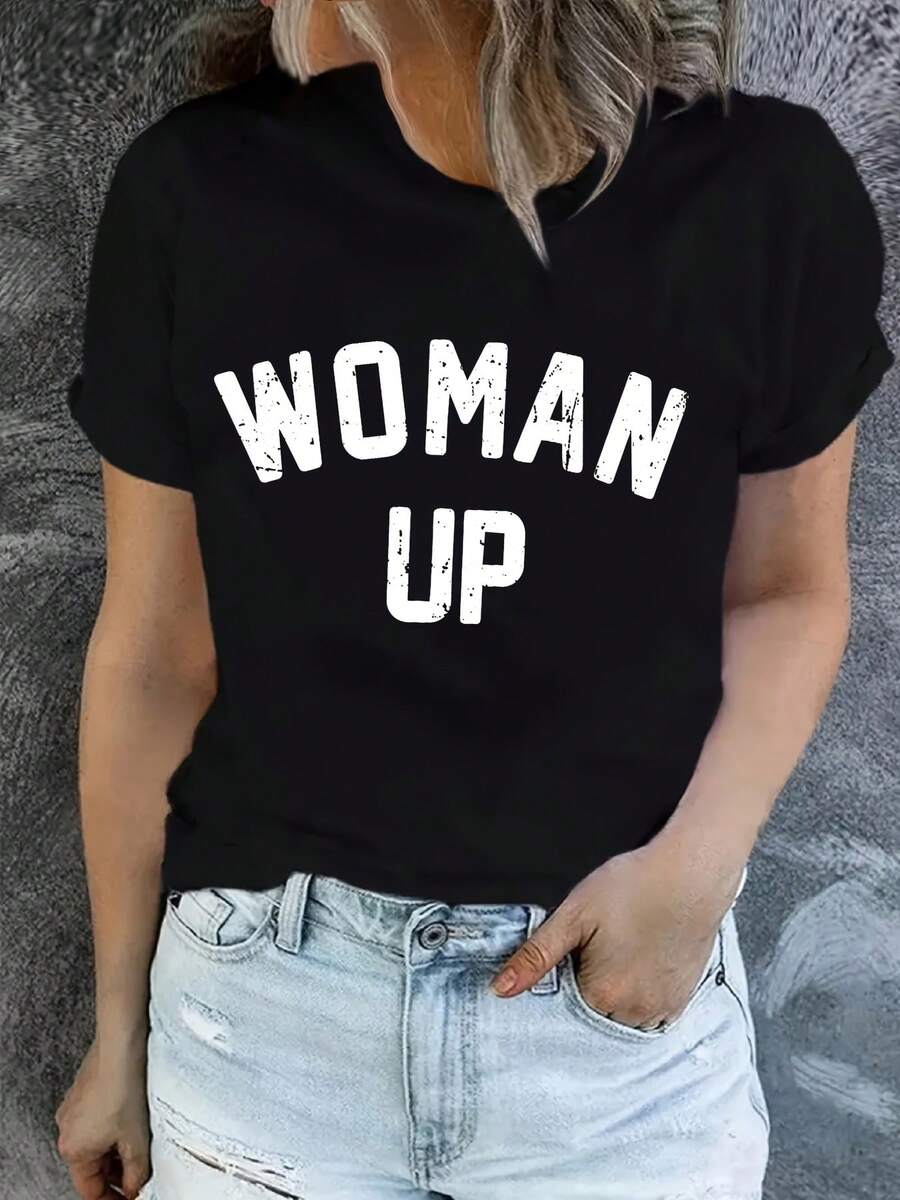 WUMAN UP Camiseta Casual De Manga Corta Para Mujer - Estampado "WOMAN UP" En Letras Atrevidas, Corte Relajado, Tejido Medio EláStico, Lavable A MáQuina, Top Para Verano Y Primavera. - Negro - Ver 1