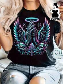 Camiseta Casual de Mujer Talla, Estampado, Cuello Redondo, Manga Corta, Tejido Ligeramente Elástico, Estilo Regular, Cómoda para Todas las Estaciones, Ropa de Mujer SQ8A - Negro - Ver 4