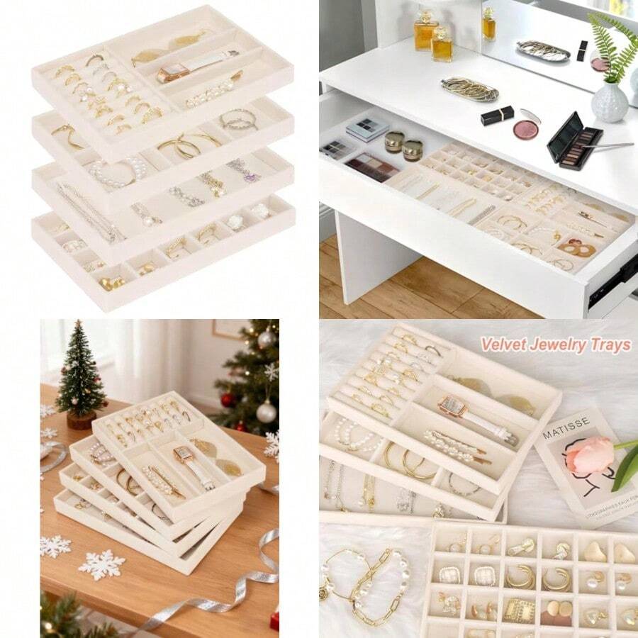 Organizador apilable para cajón 4 juegos de organizadores de joyas y vitrina organizador de inserciones de cajones de terciopelo para collares pulseras arete organizador de 4 unidades regalo - Beis - Ver 1