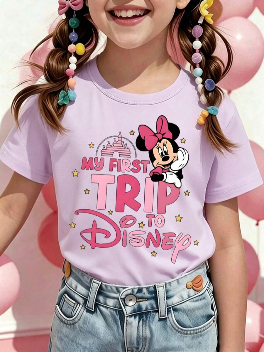 Disney Minnie Mouse Girls Graphic Tee, 2-14Y,"My First Trip To Disney"Printed Short Sleeve T-Shirt, For Travel,Theme Park,Daily Wear,Express Delivery - 淡紫色 - 查看 1
