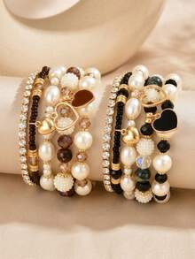 5pcs Elegant Vintage Fashion ABS Faux Pearl Oil Drop Heart Pendant Rhinestone Faux Crystal Beaded Bracelet Set For Women, Suitable For Daily Commute, Party, Beach Vacation Wear - Heart-shaped Pearl Bracelet Set - View 4