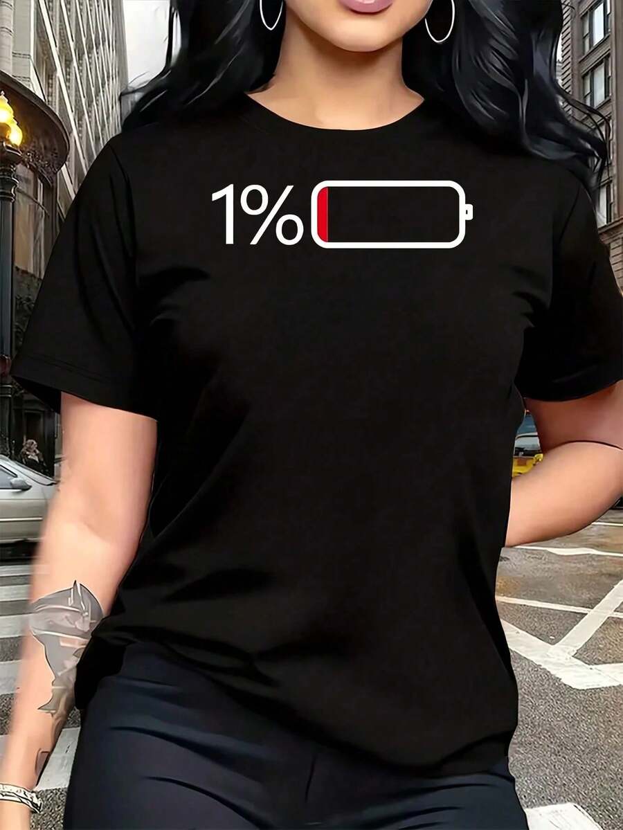 Camiseta de Mujer Talla Grande con Estampado 'Batería Baja', 1 Pieza, Divertida, Oversize, Gráfica, Manga Corta, Novedosa, 100% Algodón, Cuello Redondo Casual, 220g - Negro - Ver 1