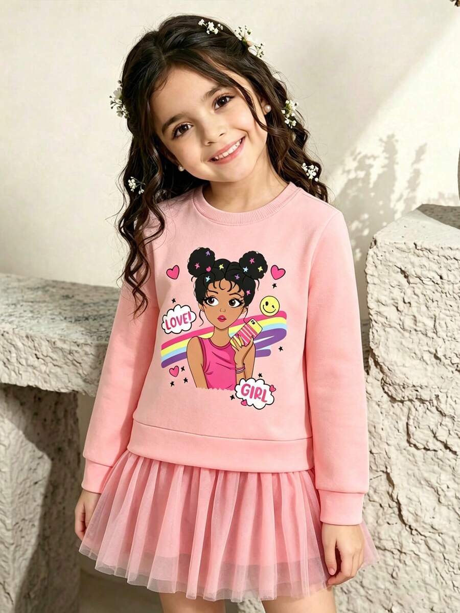 Tween Girls Cartoon Print Color Block Mesh Knit 2-In-1 Sporty Dress - Pink - View 1