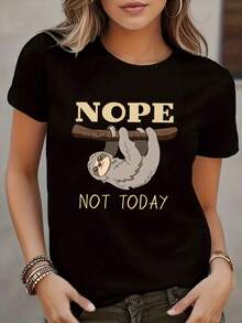 Women's T-Shirt With Sloth Print, Breathable, Crew Neck, Machine Washable, Everyday Comfort, Short Sleeve, Fun Design, Comfortable Fit - 黑 - 查看 1