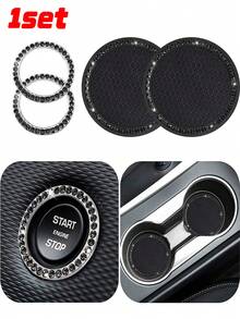 1pair Car Cup Holder Mats And 2pcs Engine Start/stop Key Ring - Black - View 1