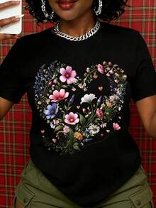 Women's White T-Shirt With Floral Heart Design, Casual Short Sleeve Summer Top, Valentine's Day Gift For Her, Romantic Floral Print Round Neck T-Shirt - 黑色 - 查看 1