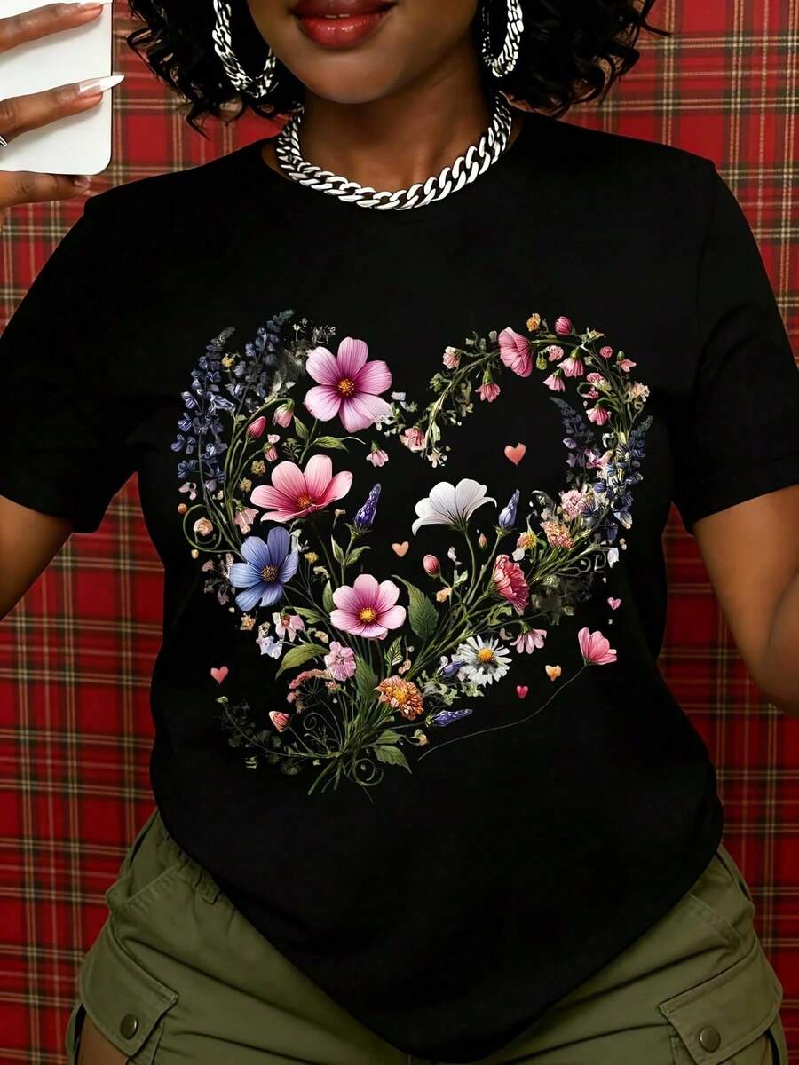 Women's White T-Shirt With Floral Heart Design, Casual Short Sleeve Summer Top, Valentine's Day Gift For Her, Romantic Floral Print Round Neck T-Shirt - 黑色 - 查看 1