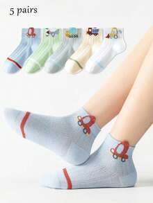 5 Pairs Summer Thin Kids Socks, Cute Cartoon Car Pattern Baby Mesh Ankle Socks For Boys - Multicolor - View 1