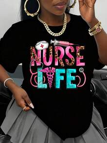 Leopard Print T-Shirt For Nurses And Medical Professionals With Syringe And Stethoscope Design, Funny Gift For Healthcare Workers - màu đen - Xem 1