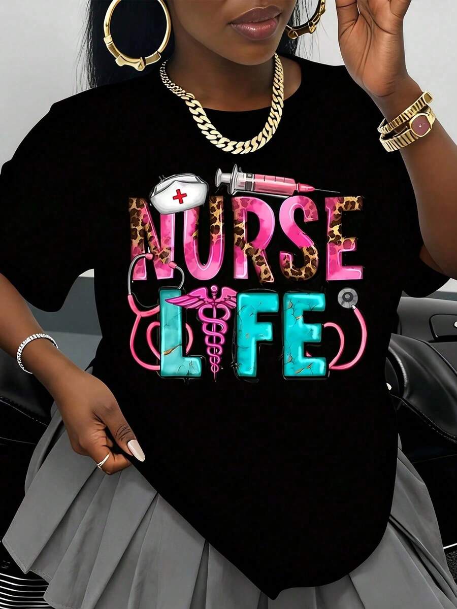 Leopard Print T-Shirt For Nurses And Medical Professionals With Syringe And Stethoscope Design, Funny Gift For Healthcare Workers - màu đen - Xem 1