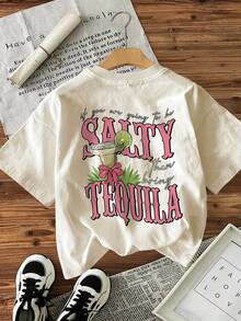 Women's Round Neck Short Sleeve T-Shirt, Salty Tequila Roostertail Print, Pink Lettering, Hibiscus Pattern, Relaxed Fit, Fun Top For Spring And Summer. - White - View 3