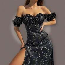 Vestido largo estampado floral nueva primavera para mujer, elegante, con abertura alta y bordes ondulados - Negro - Ver 2