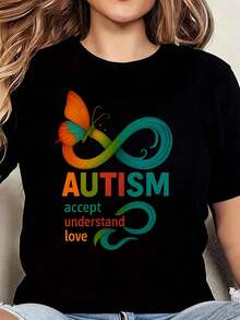 Acepta, Entiende, Ama el Autismo 1 Pieza Camiseta de Talla Grande para Mujer, Camiseta Gráfica de Manga Corta de 220g, Novedosa, 100% Poliéster, Camiseta Casual de Cuello Redondo - Negro - Ver 1