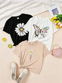 Conjunto de 3 piezas informal y minimalista para mujer con estampado de mariposa y flor, camiseta de cuello redondo, manga corta y cropped para verano - Negro - Ver 1