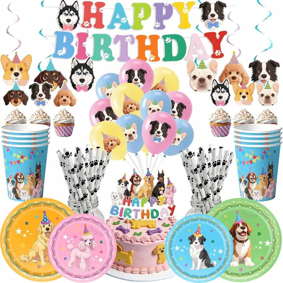 Set de Decoraciones para Fiesta de Cumpleaños de Perro, Tema de Cachorro, Banner de FELIZ CUMPLEAÑOS, Globos, Adorno para Pastel, Espirales para Niños, Fiesta de Cumpleaños Canina - Verde militar - Ver 1
