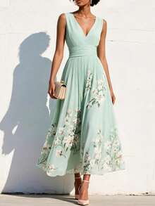 Elegant Women's Dress With Floral Pattern, Pleated Texture, And Flowing Cut - 綠色 - 查看 1