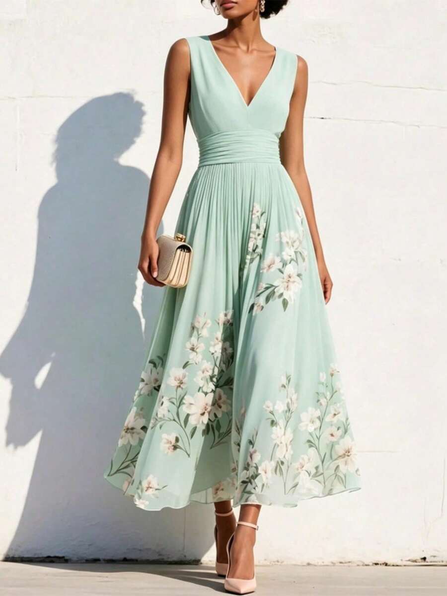Elegant Women's Dress With Floral Pattern, Pleated Texture, And Flowing Cut - 綠色 - 查看 1