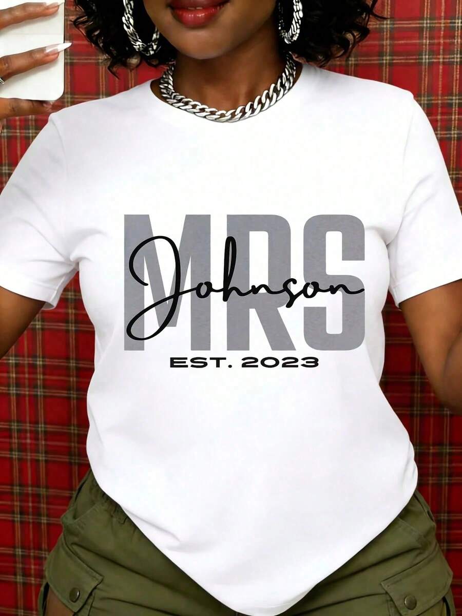 Camiseta de boda personalizada Mrs Johnson Est 2023 para mujer, camiseta para futura novia, camiseta para despedida de soltera, camiseta con nombre personalizado, top casual blanco, regalo n - Blanco - Ver 1