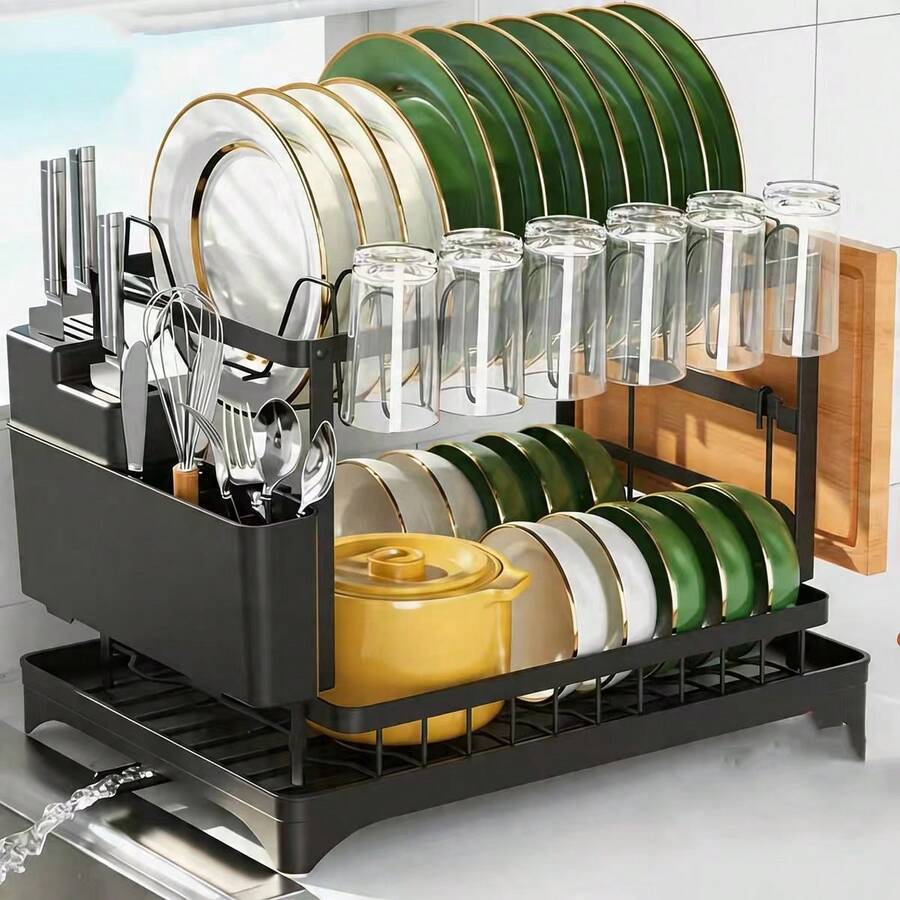 2層金屬碗盤瀝水架,附餐具收納架、砧板插槽與接水盤,適用於廚房檯面 - 黑色 - 彩色 - 查看 1