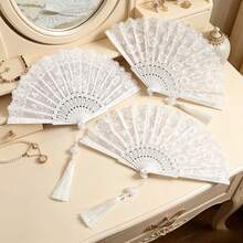 Elegant Foldable White Lace Hand Fan With Silver Floral Ornament, Vintage Decorative Fan, Bride Photography Accessory For Wedding Party Holiday Cosplay - Silver Folding Fan - View 7