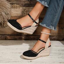 Closed-Toe Breathable Deep Instep Fashion Lightweight Hemp Rope Wedge Heel Women's Shoes - Black - View 14