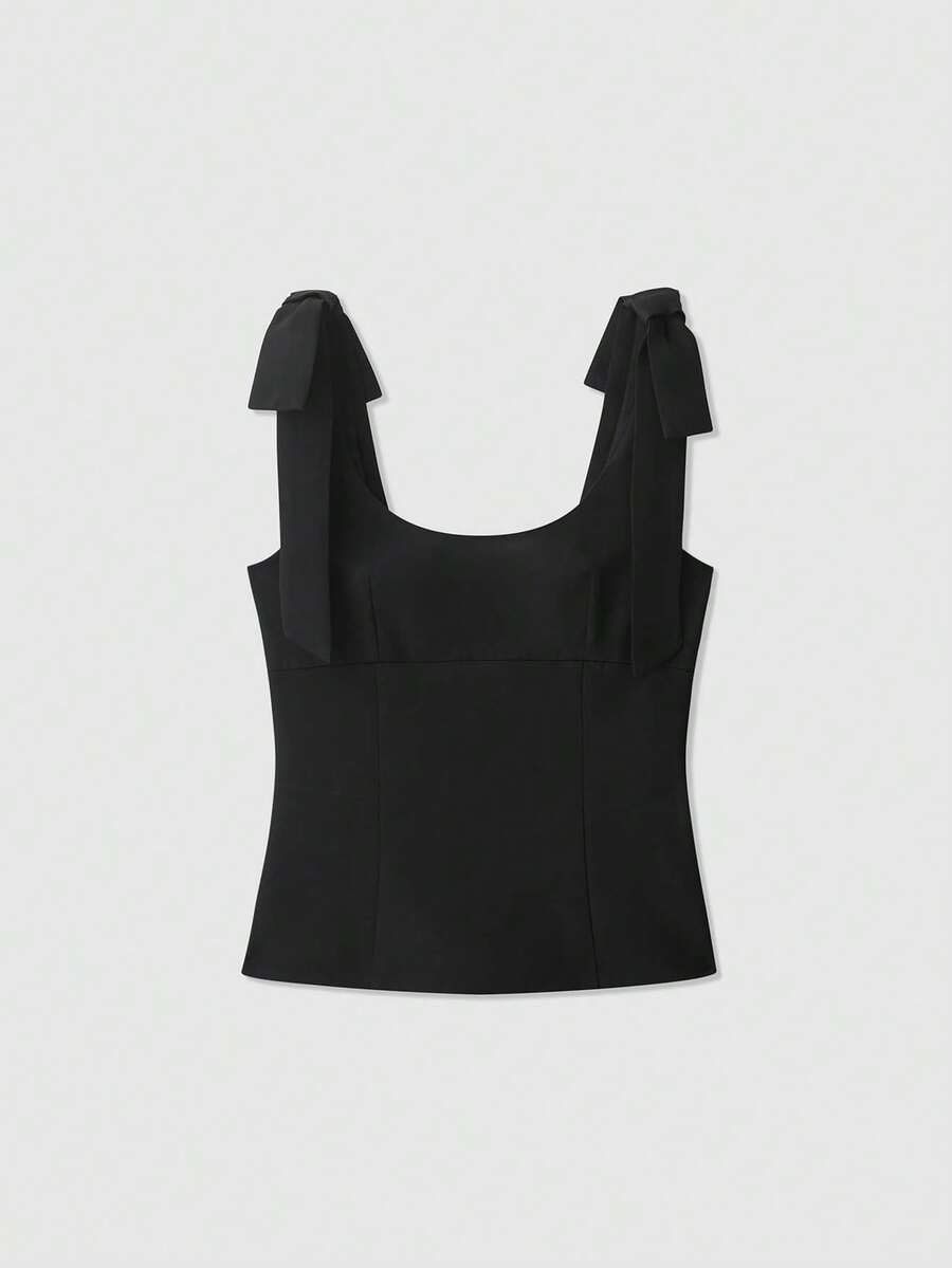 Sleeveless Solid-Color Blouse With Bow Decoration For Summer - Black - View 1