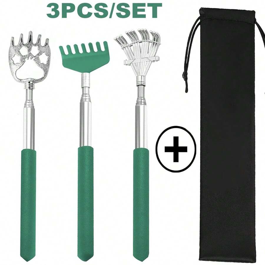 3 Packs 5-Section Telescoping Back Scratcher Set – Metal Portable Extendable Massager With Velvet Pouch, Stocking Stuffers For Men & Women, Birthday & Christmas Gift