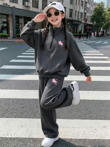 两件套少女卡通印花纯色卫衣裤套装，简约设计，适合春、秋、冬季穿着。 - 深灰色 - 查看 1