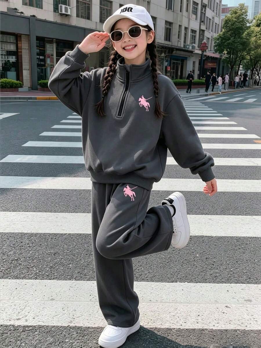 两件套少女卡通印花纯色卫衣裤套装,简约设计,适合春、秋、冬季穿着。 - 深灰色 - 查看 1