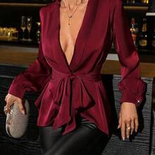 Clasi Blusa elegante de mujer de manga larga con cintura realzada y moño en color rojo vino, blusa de mujer para otoño/invierno - Negro01 - Ver 7