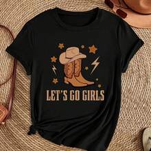Women's Vintage Denim Let's Go Girls Short Sleeve Print T-Shirt, Summer Urban Fashion Tops, Loose Fit Crew Neck Clothing - 彩色 - 查看 1