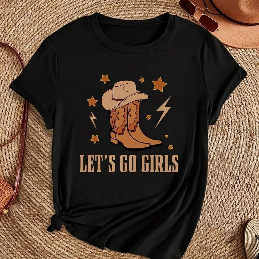 Women's Vintage Denim Let's Go Girls Short Sleeve Print T-Shirt, Summer Urban Fashion Tops, Loose Fit Crew Neck Clothing - 彩色 - 查看 1