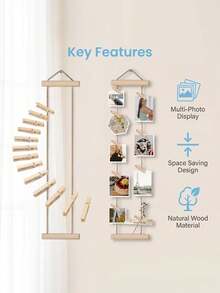 1 Set Wooden Photo Wall Hanging Rack, Includes Hanging Rope And Clips; Multi-Photo Display Rack; No Drilling Required; Space-Saving; Suitable For Dorm, Bedroom, Desk And Wall Decoration - A - View 4
