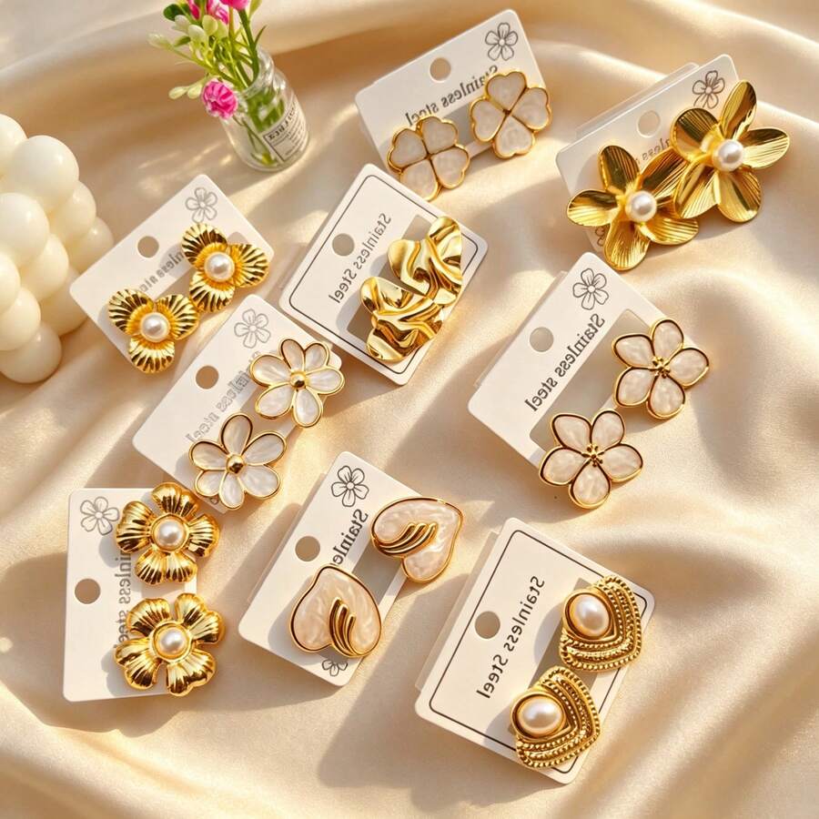 10 Pieces / Cool And Unique Stainless Steel Earrings / Suitable For Ladies' Daily Cool And Bold Outfits / Random Shipment - Multicolor - View 1