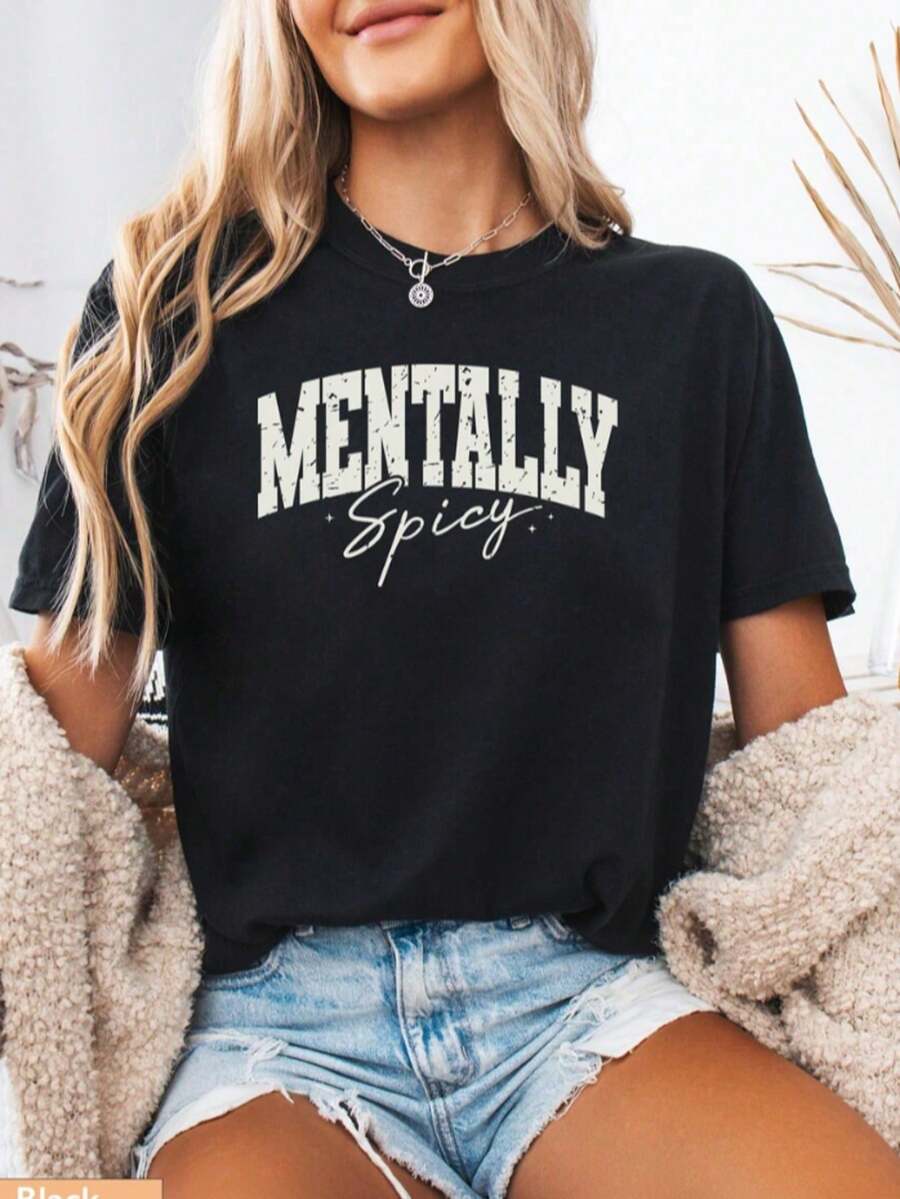 Mentally Spicy T-Shirt, Mental Health T-Shirts, Importance Of Mental Health T-Shirt, Inspirational T-Shirts For Women, Mental Health Awareness, T-Shirt For L - Black004 - 查看 1