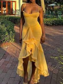 Vestido largo sin mangas con tirantes, estilo europeo alto nivel elegante moda verano ideal para mujer fiesta casual - Amarillo - Ver 2