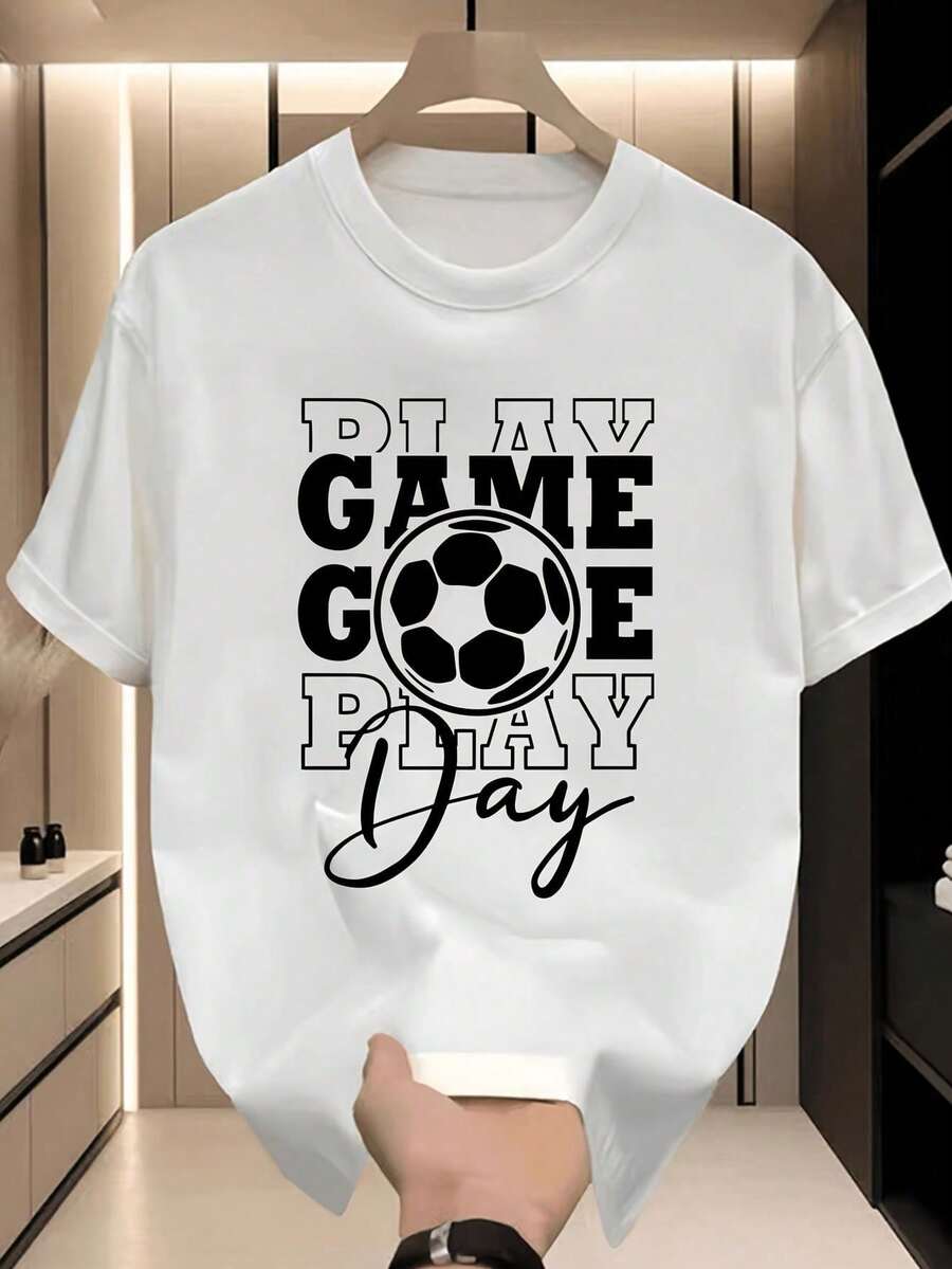 Women's Short-Sleeved T-Shirt, Women's Short-Sleeved Summer T-Shirt, Casual White T-Shirt With Football Print And Game Day Phrase, For Sports Lovers. - 白色 - 查看 1