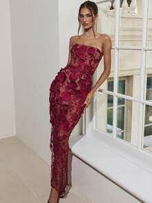 Women's Strapless Dress With Three-Dimensional Flowers, French Style, Luxurious, Lightweight, Elegant, Ideal For Parties, Ladies, Summer, Casual Fashion, New Collection - 酒紅色 - 查看 4
