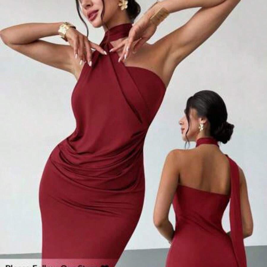 Vestido suelto con mangas acampanadas asimétricas de color marrón moca para mujer, vestido largo de moda, ropa de primavera/verano, adecuado para ir al trabajo, elegante, sexy - Burdeos - Ver 1