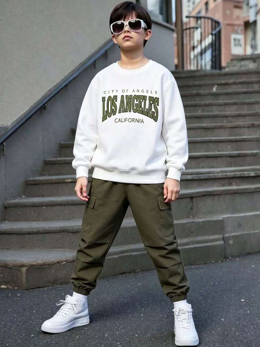 Conjunto de pantalones y top de manga larga con cuello redondo y estampado gráfico de letras para niños preadolescentes - Blanco - Ver 1