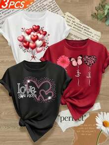 3 Playeras con diseños de corazones, de temporada de San Valentín, día del amor y friendship, llamativas, modernas, holgadas, cuello redondo, manga corta, para uso diario, ideal para tí - Blanco - Ver 1
