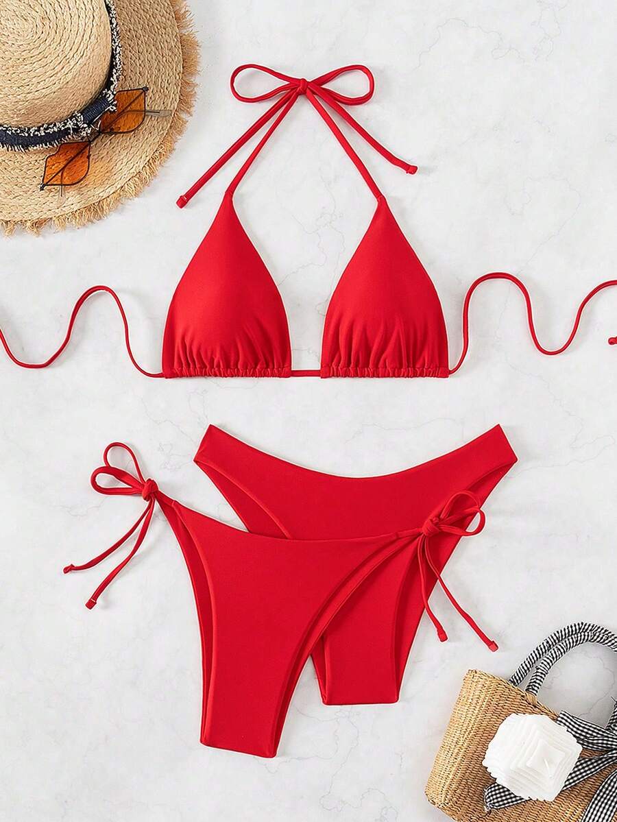 Basics 3 Pieces/Set Solid Color Women's Bikini Set For The Beach In Summer Strand Outfit Damen Strandkleid Bikini Set Damen Bikini Set Badeanzug - Rot - View 1