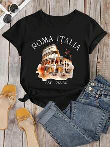 Camiseta con estampado de la Roma italiana, camiseta del Coliseo de Roma - Negro - Ver 2
