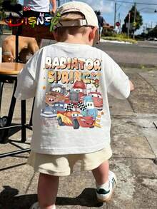 Disney Cars Radiator Springs Double Sided Print Boys T-Shirt, Lightning McQueen & Friends Cartoon Kids Casual Short Sleeve Tee - 白色 - 查看 2
