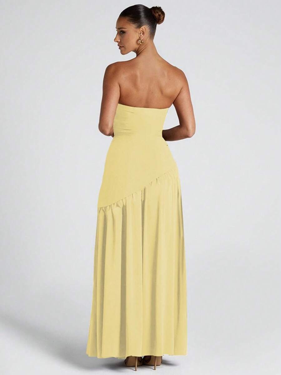Women's Elegant Fashion Party Dress, Fitted Plain, Open Back, Floating Ribbon, European Style, New - Yellow - View 1