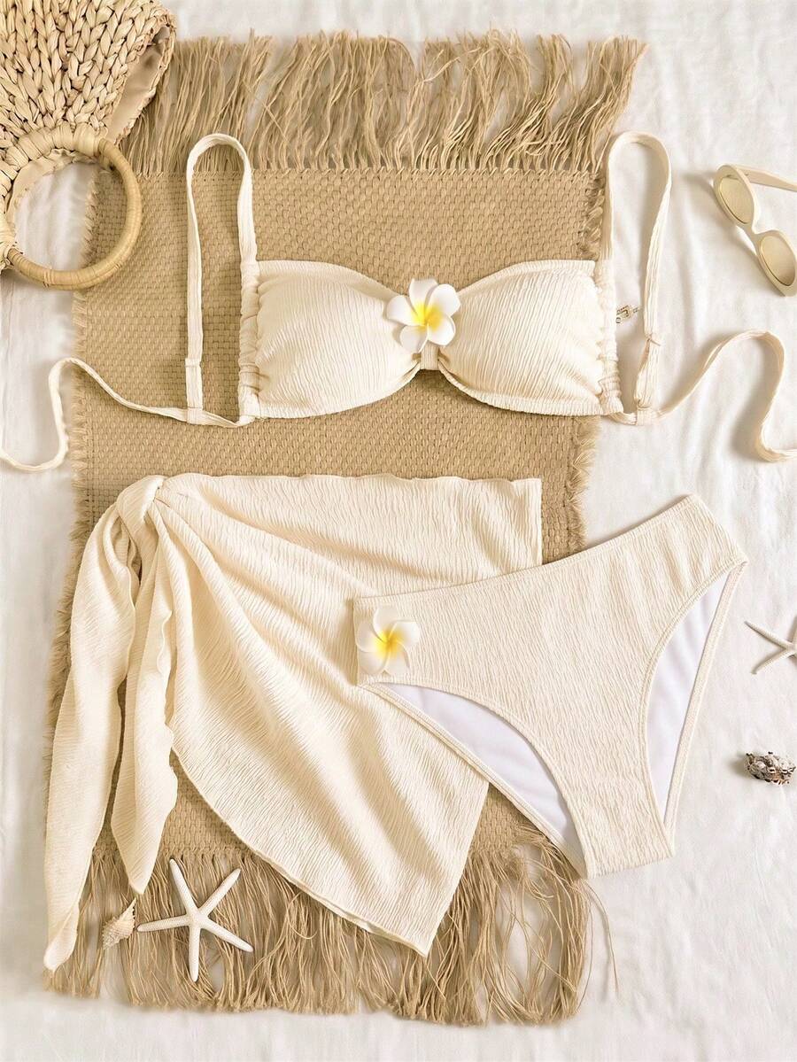 Swim Vcay Women's 3-Piece Bikini Set, Solid Color Floral Print, For Beach And Resort - 杏 - 查看 1