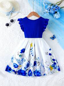 Tween Girls Elegant Cap Sleeve Rib Splice Floral Print Casual Dress, Summer - Navy Blue - View 2
