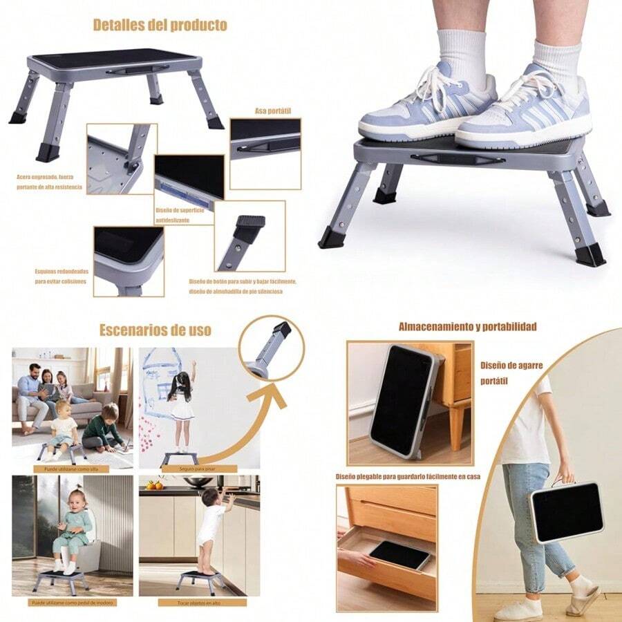 Taburete Plegable Taburete Plegable Antideslizante para Niños y Adultos Banqueta Plegable con Asa de Transporte con Plataforma Antideslizante y Pies Gruesos de Goma para Casa Cocina Armario. - negro plateado - Ver 1