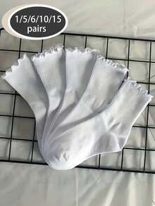 1/5/6/10/15pairs Mid-Calf Socks With Solid White Stripes And Ruffled Edges, Suitable For Home, Travel, Vacation And Autumn And Winter. - White - View 2