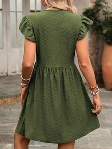 REFRESH YOUR WARDROBE NOW! French-Style Day Dress, V-Neck, Short Sleeves With Romantic Ruffles, Wide And Flowing Skirt, The Essence Of Country Chic For Walks In The Sun - Army Green - View 2